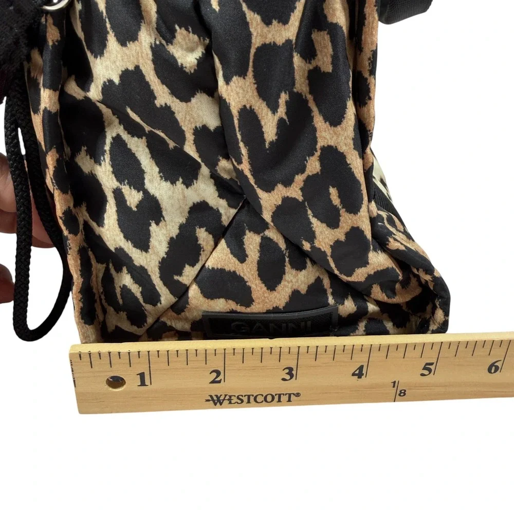 Ganni Leopard Print Tech Tote Bag Recycled Polyester Crossbody Handbag Black Tan